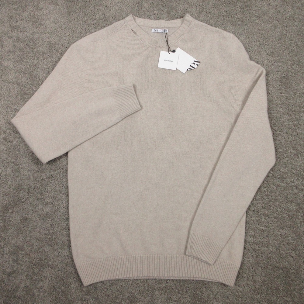 ZARA Sweater Mens XL‎ Beige Wool Blend Knit Pullover Made In Italy Crew Neck
